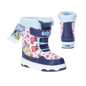 Bluey Kids Winter Boots Faux Fur Trim Navy and Pink
